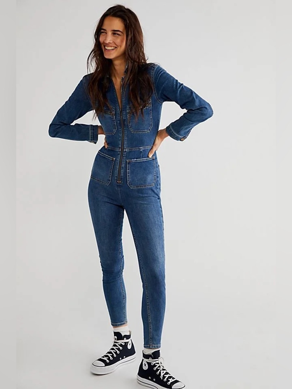 Free People Denim Zip-Front Jumpsuit in Blue